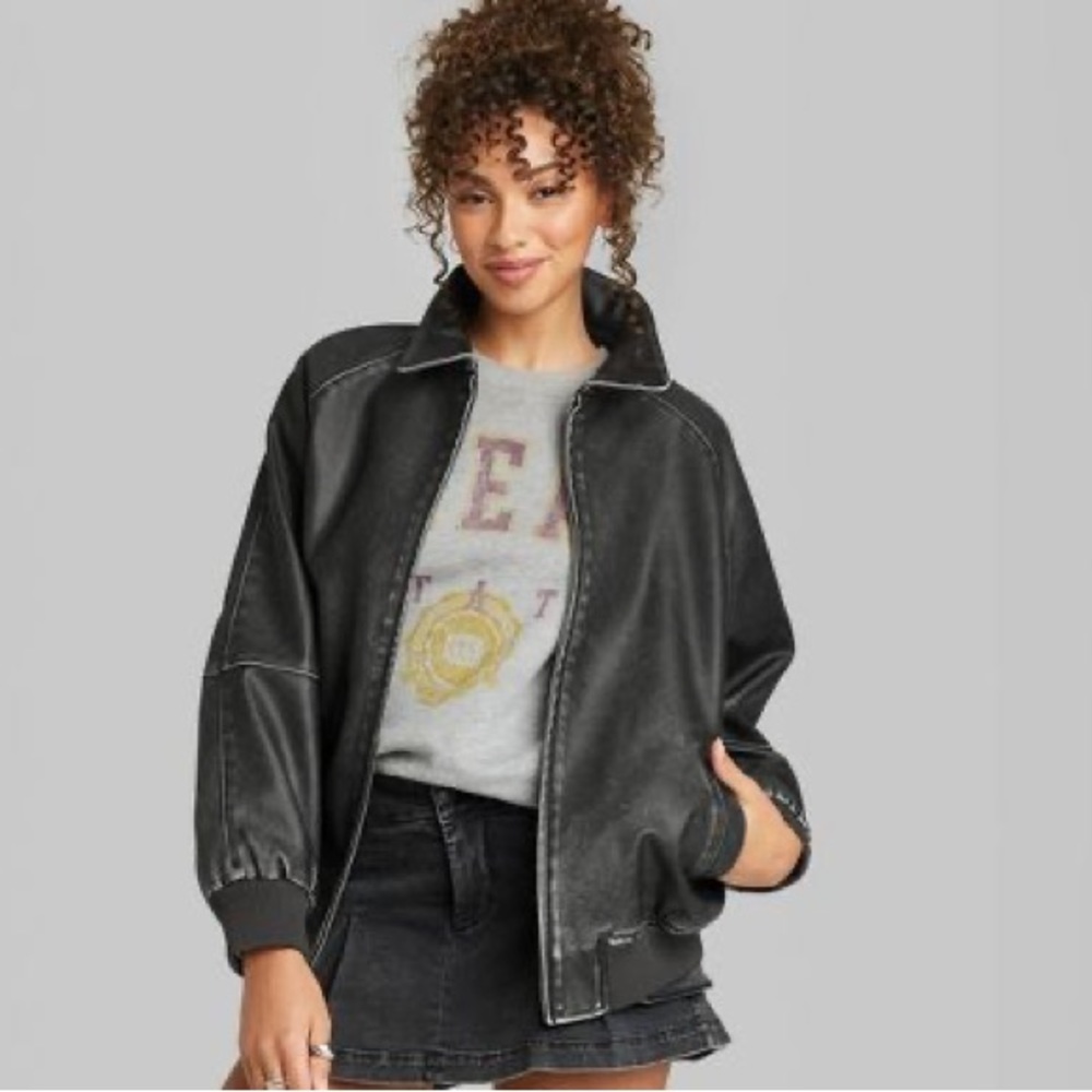 Women's Distressed Faux Leather Bomber Jacket Wild Fable